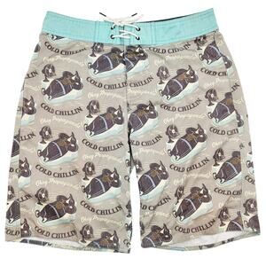 OBEY Cold Chillin Tan & Blue Penguin Print Board Shorts Swim Trunks Men's 30